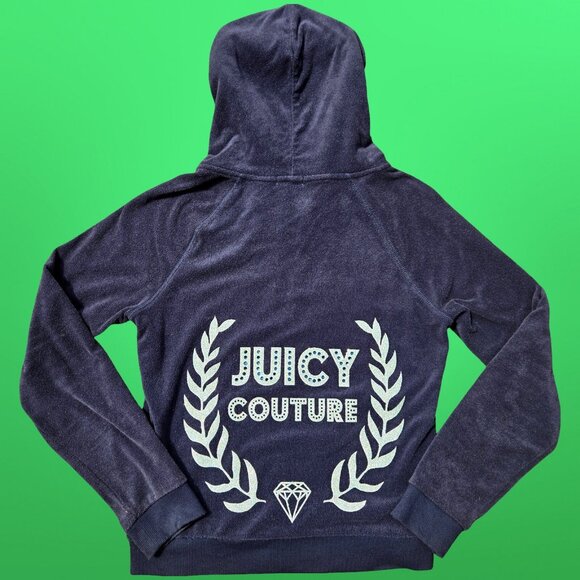 Y2K Juicy Couture Terry Towel Hoodie Jacket Size M Navy Blue Rhinestone Glitter - Picture 1 of 11